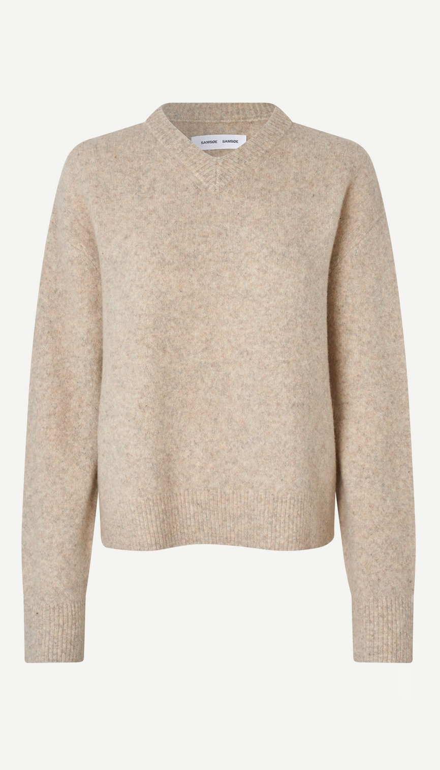 The Samsøe Samsøe Samelody V-Neck Sweater in Light Grey Melange features long sleeves, a wool blend, ribbed cuffs, and a straight hem for everyday comfort. Shown on a plain white background.