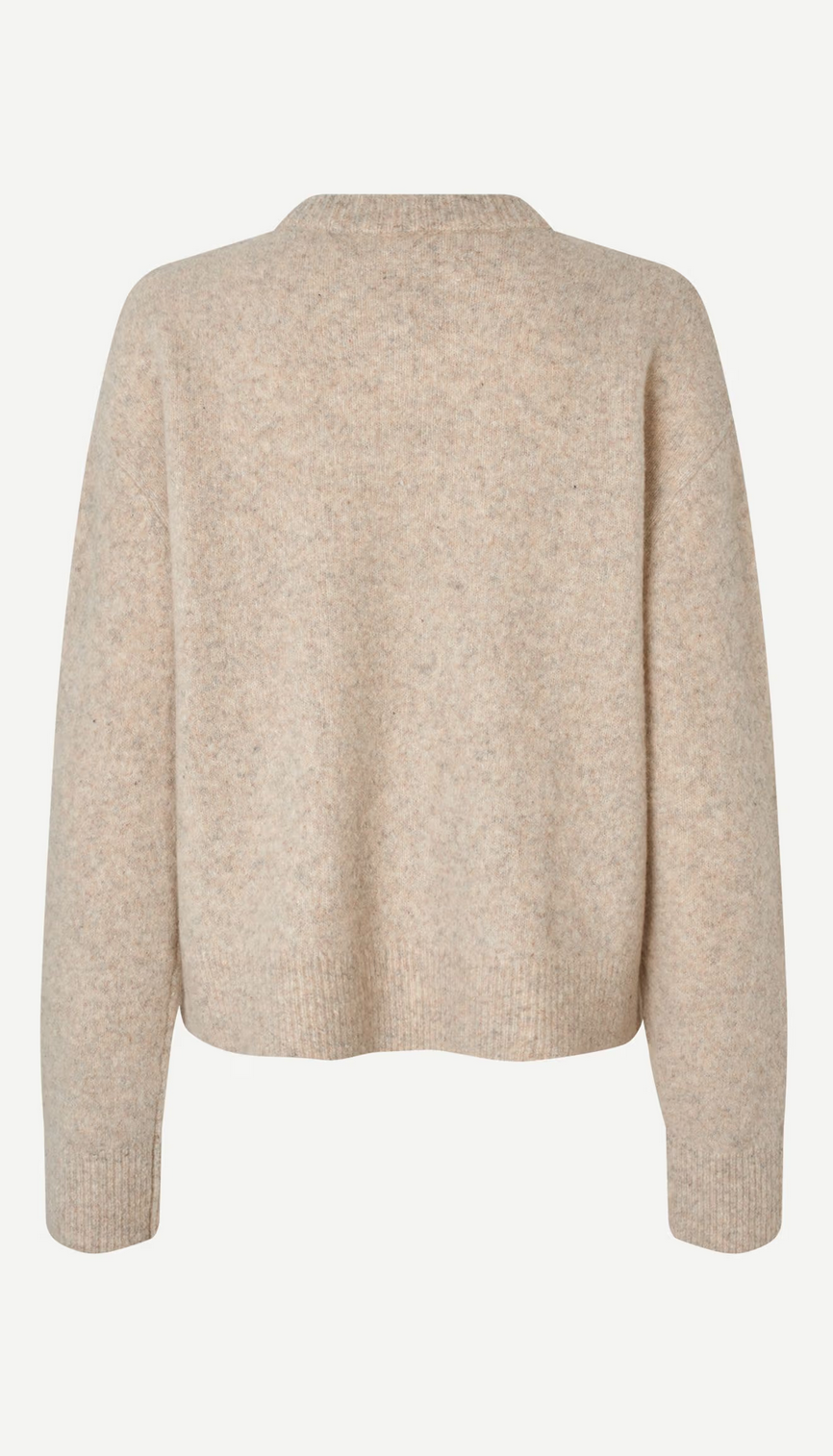 Back view of the Samelody V-Neck Sweater by Samsøe Samsøe in light grey melange, featuring long sleeves, a v-neckline, and ribbed cuffs and hem for everyday comfort.