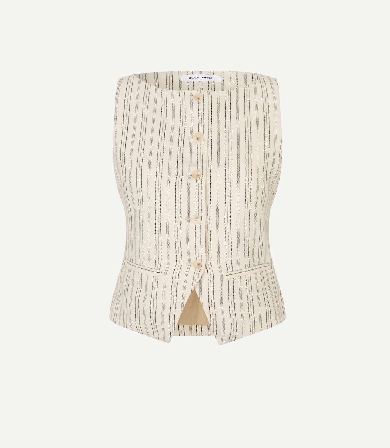 The Saloves Vest - Bone by Samsøe Samsøe is a sleeveless woven linen vest in beige with vertical black stripes, button closure, two front pockets, and a small front slit at the hem.