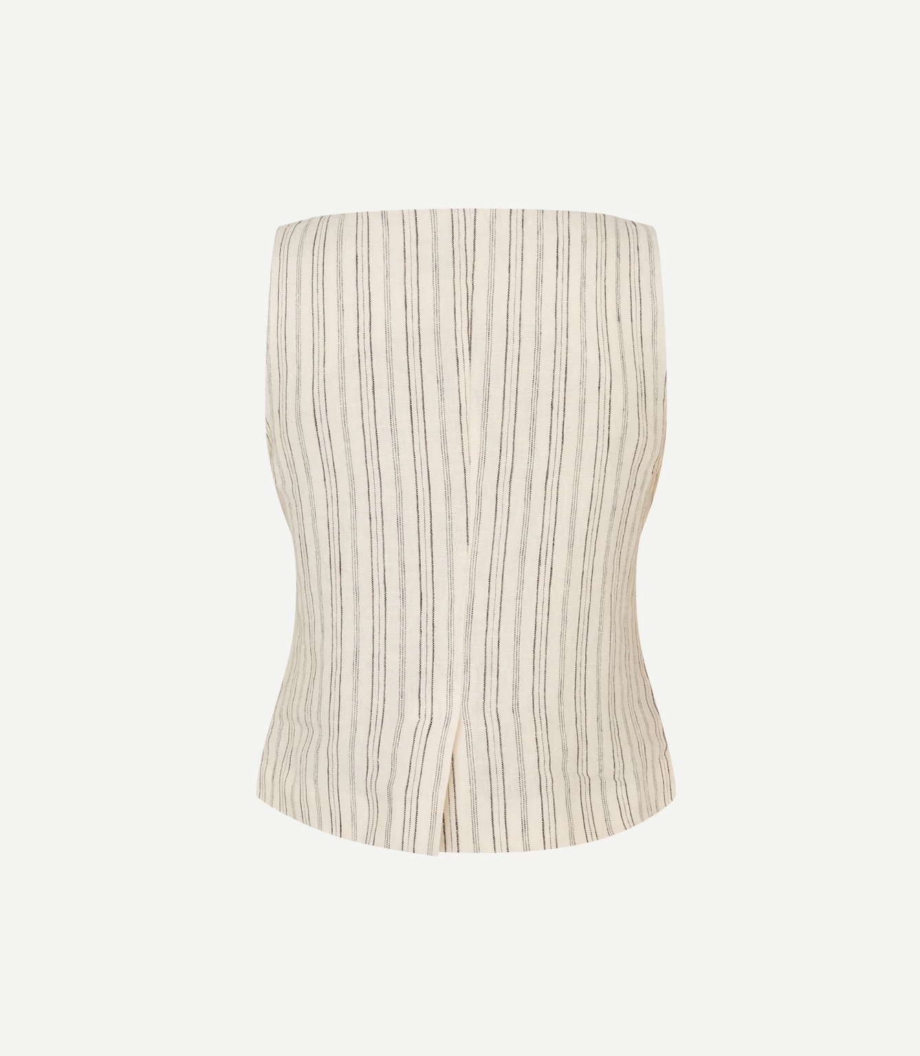 The Saloves Vest - Bone by Samsøe Samsøe is a strapless, off-white linen vest featuring vertical black pinstripes and a back center seam detail.