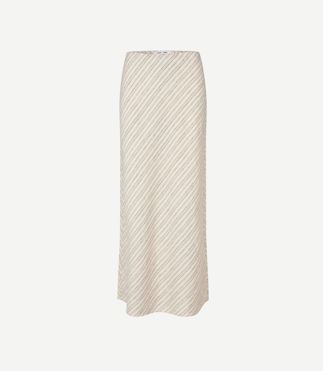 The Saagneta Long Skirt in Bone by Samsøe Samsøe, featuring thin diagonal stripes and a cream-colored linen fabric, is shown against a plain white background.