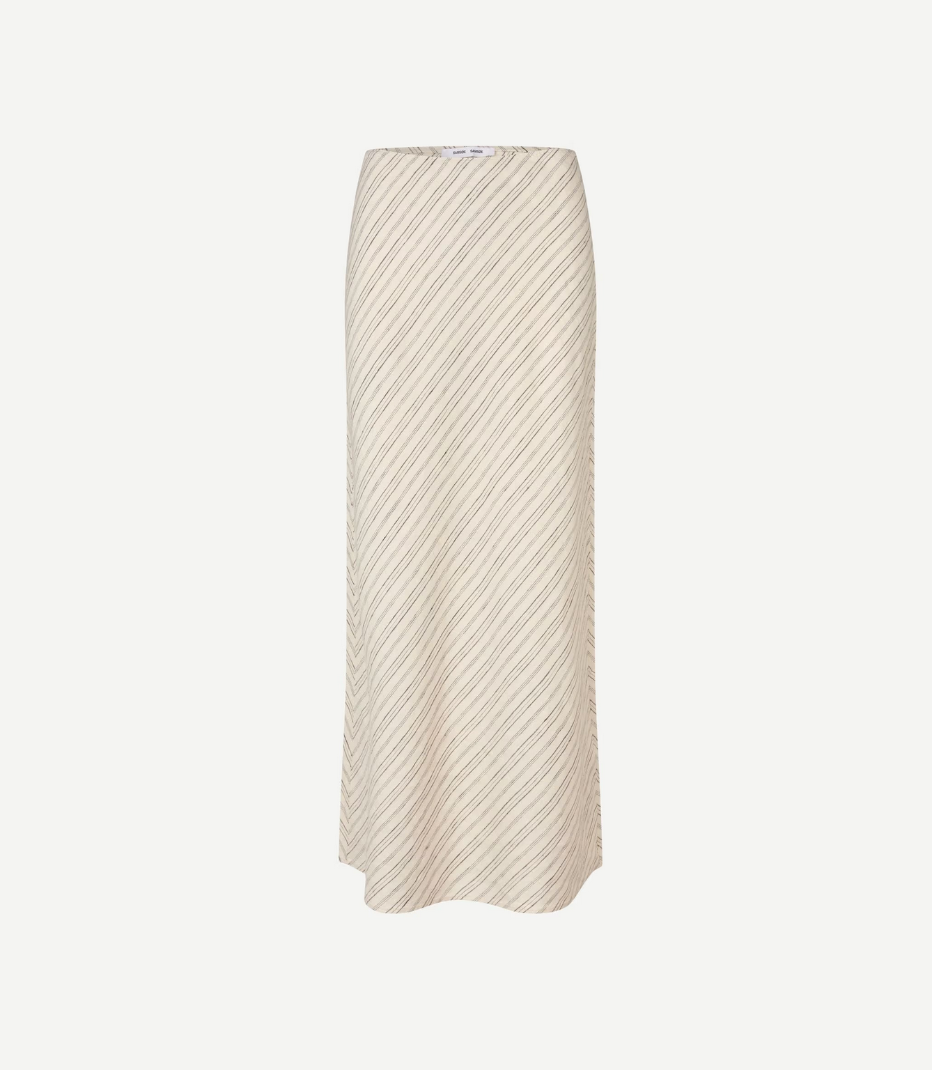 The Saagneta Long Skirt in Bone by Samsøe Samsøe, featuring thin diagonal stripes and a cream-colored linen fabric, is shown against a plain white background.