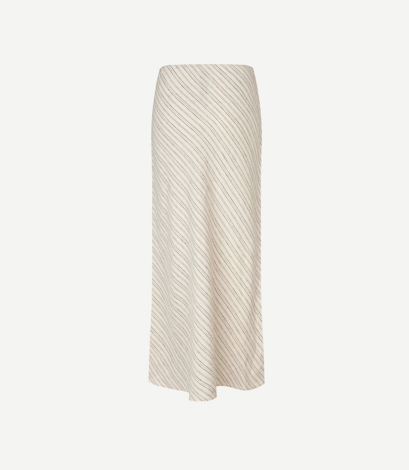 The Saagneta Long Skirt in Bone by Samsøe Samsøe is an ankle-length linen skirt featuring subtle diagonal thin stripes, offering a refined and timeless look.