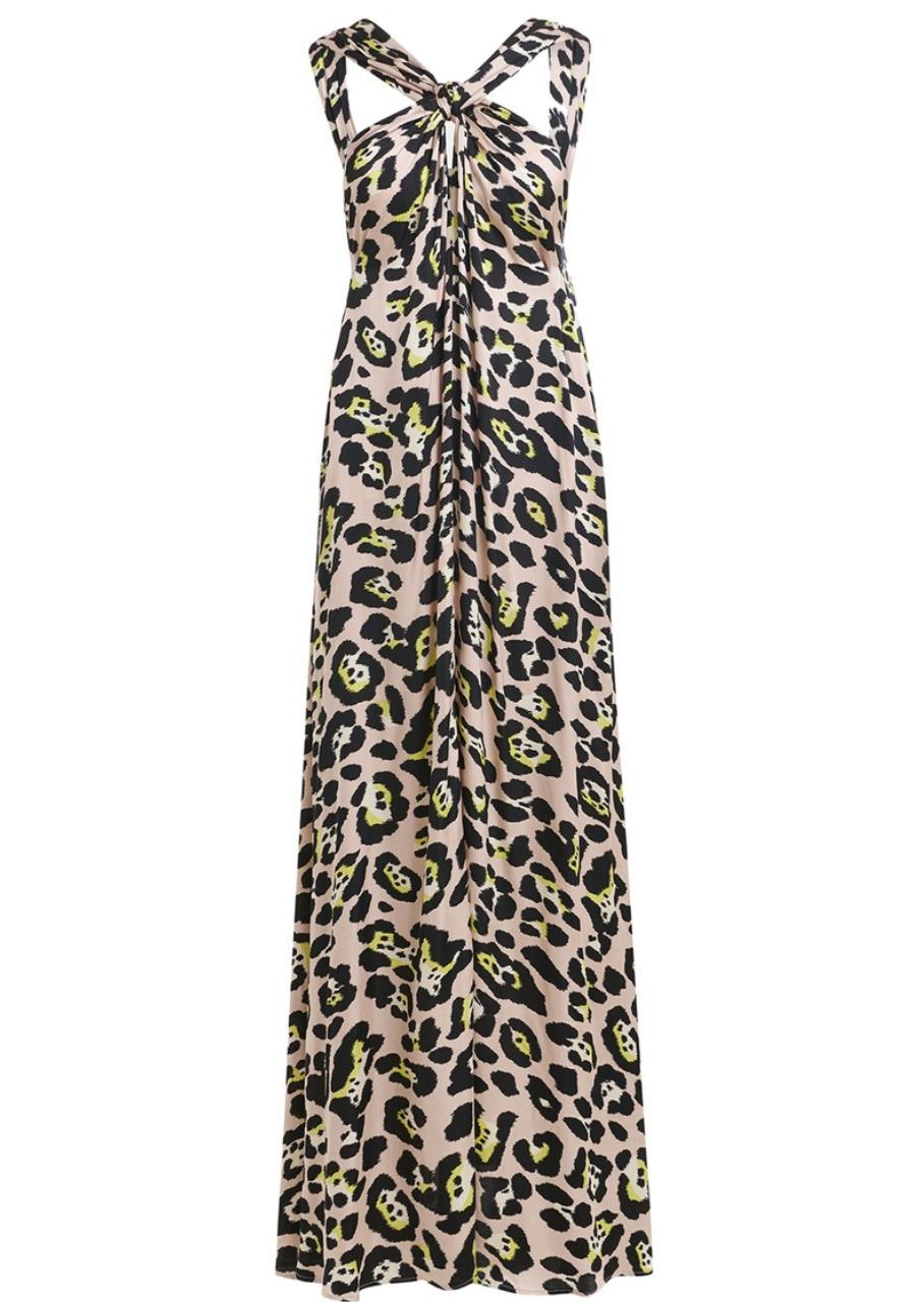 The Jaycee Halterneck Maxi Dress by Essentiel Antwerp is a sleeveless A-line maxi with a knotted twist-front, halterneck straps, and features a pink pastel/leopard print.