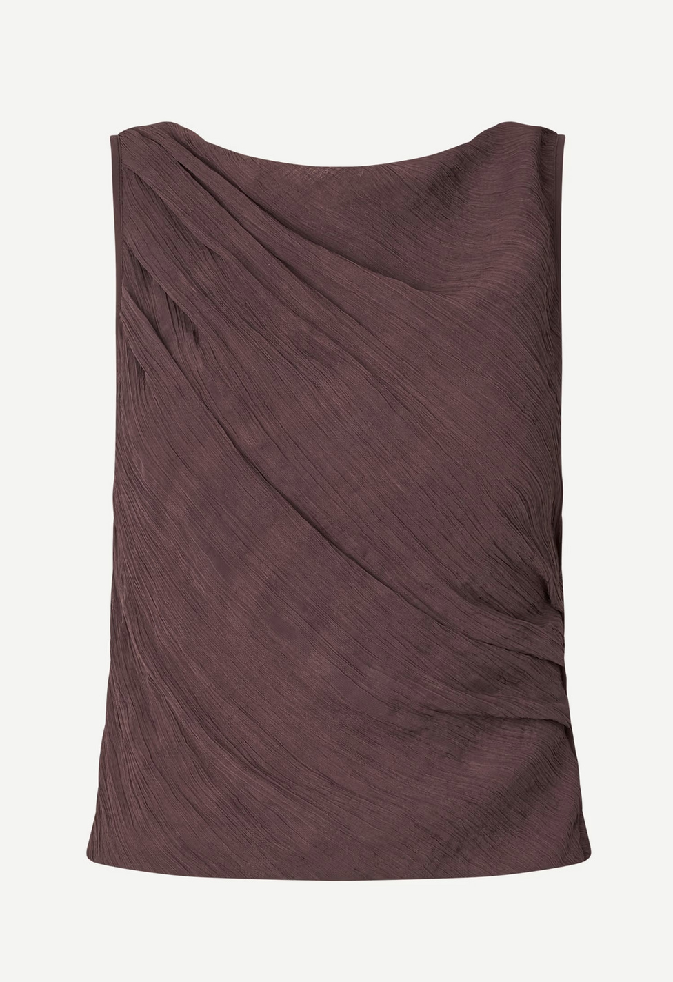 The Savira Top - Raisin by Samsøe Samsøe features a sleeveless design in rich brown, crafted from recycled polyester. With its textured fabric and artful gathered detail, it blends sustainability and style.