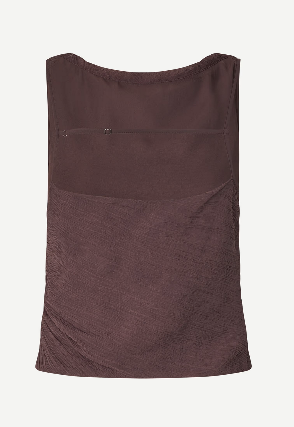 The Savira Top - Raisin by Samsøe Samsøe is a brown, sleeveless tank made from recycled polyester with a textured, ruched design and a sheer upper section, shown on a white background.