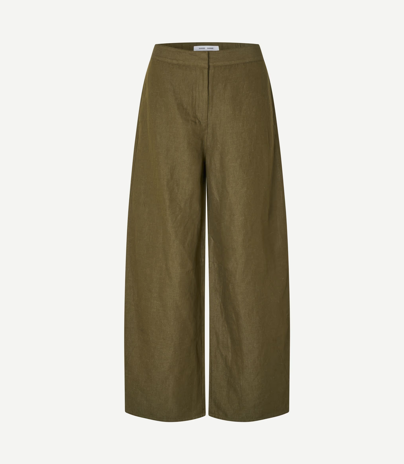 The Saroko Trousers - Overland Trek Melange by Samsøe Samsøe are wide-leg, high-waisted olive green trousers in organic cotton linen, featuring a simple waistband, front seam, and a minimalist design without visible pockets or embellishments.
