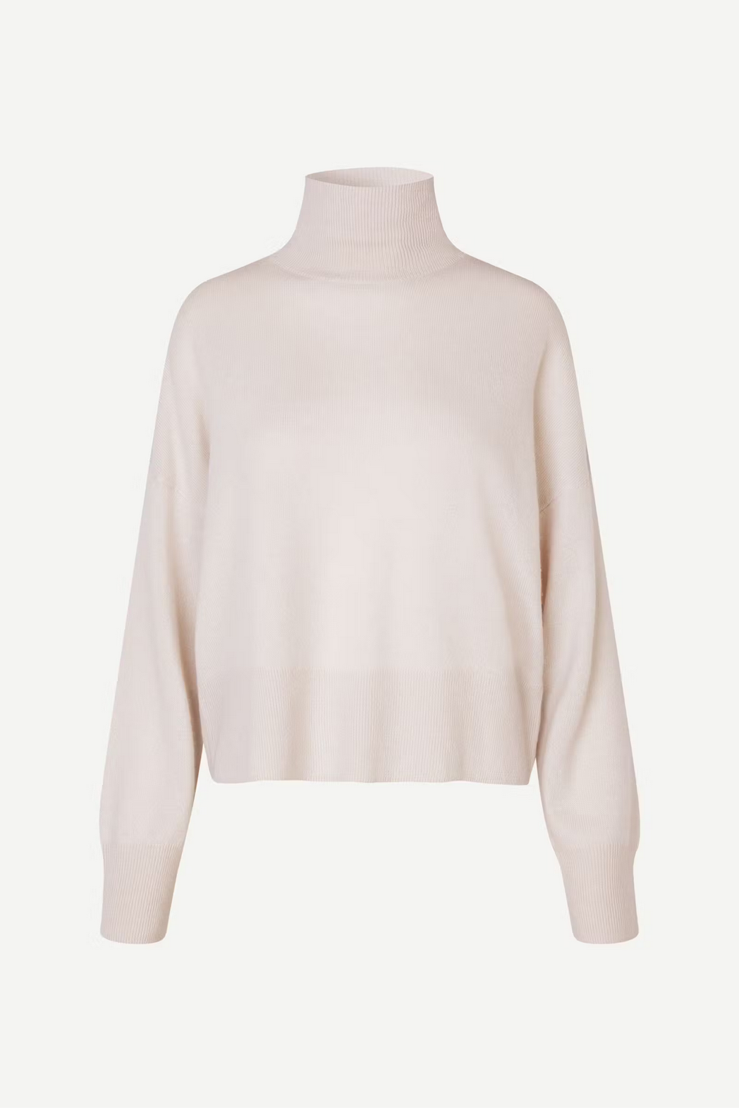 Introducing the Nola Cashmere Turtleneck - Turtledove by Samsøe Samsøe. This luxurious, light-midweight beige sweater features long sleeves and ribbed cuffs, all crafted from sustainably sourced cashmere and displayed against a plain white background.