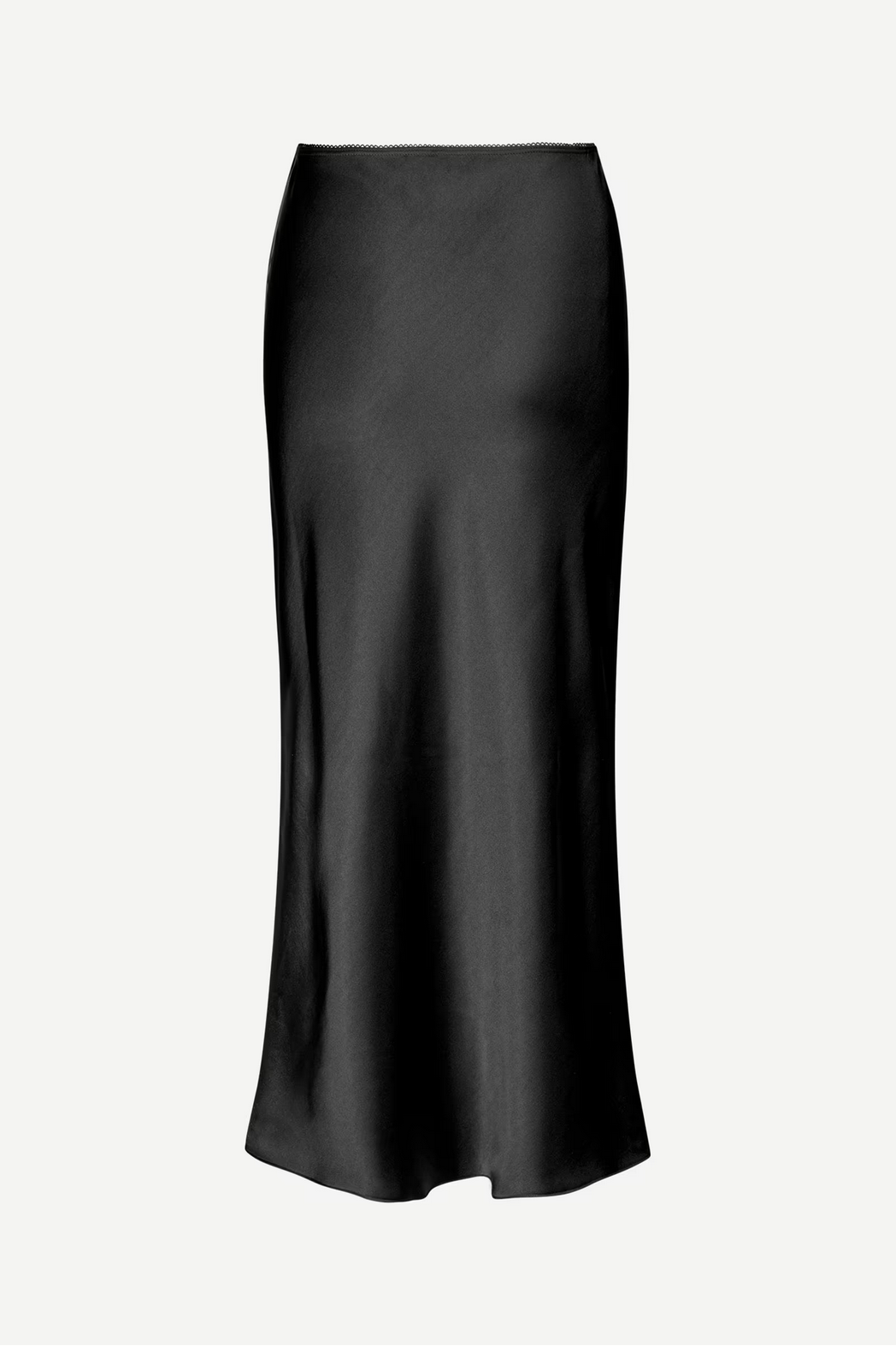 a product shot of the back of a long black midi skirt by samsoe samsoe