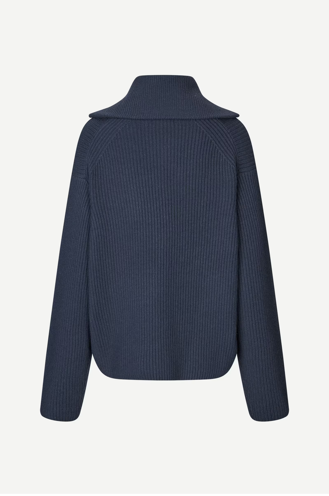 The back view showcases the Nova Cardigan - Outer Space by Samsøe Samsøe, a navy ribbed knit sweater crafted from 100% wool, featuring a high collar and long sleeves, set against a plain white background.