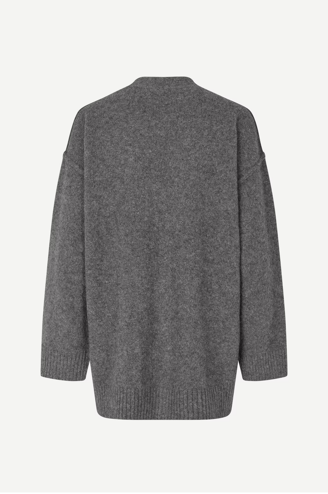 The Saceleste Cardigan - Black Oyster by Samsøe Samsøe is displayed flat from the back, showcasing its long-sleeve design made from a wool blend. It features a ribbed hem and relaxed fit, enhanced by dropped shoulders for extra comfort.