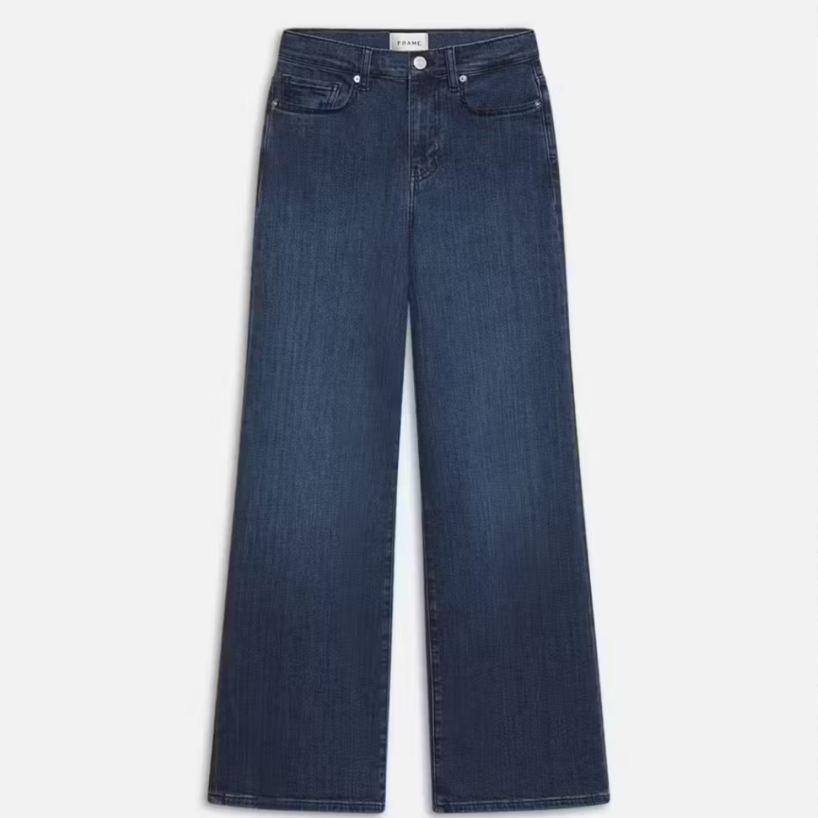 flat shot of blue denim wide leg jeans frame denim