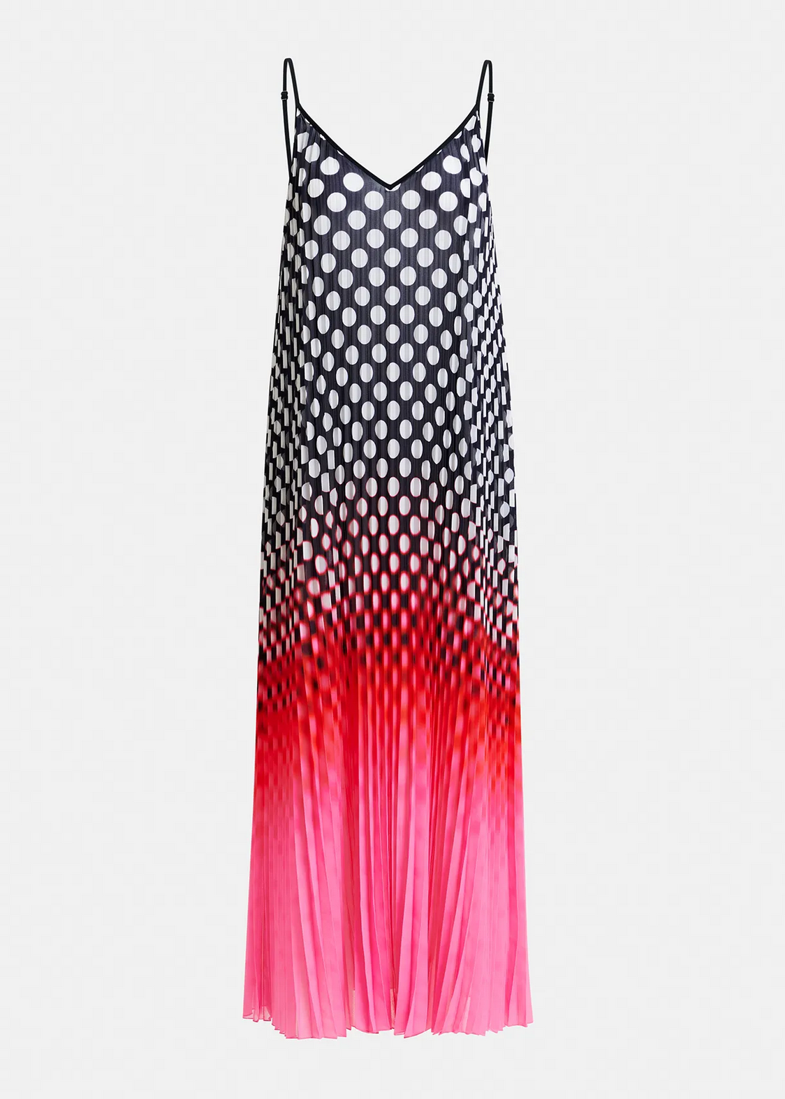 he Hyacinth patterned dress with black, white, red and pink polka dots, thin straps, by essentiel antwerp ghost image on a white background