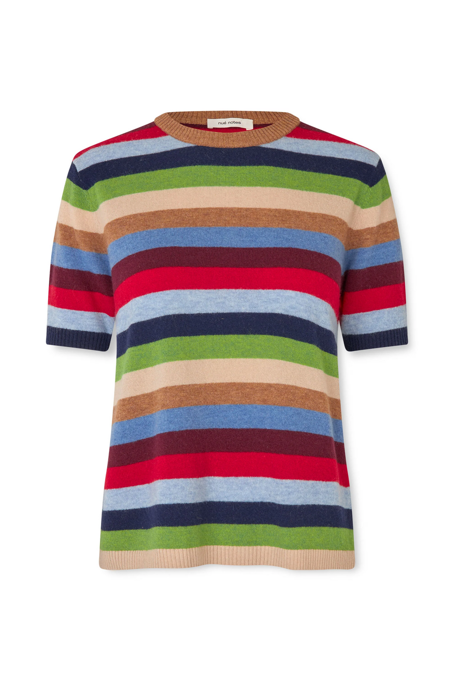 red, blue, green and neutral stripe wool t-shirt by nue notes on a white background