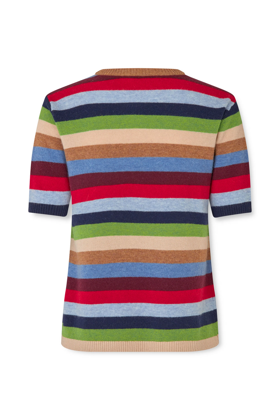 red, blue, green and neutral stripe wool t-shirt by nue notes on a white background