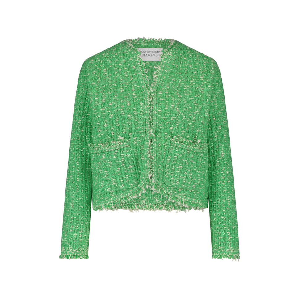 green cardigan by fabienne chapot on a white background