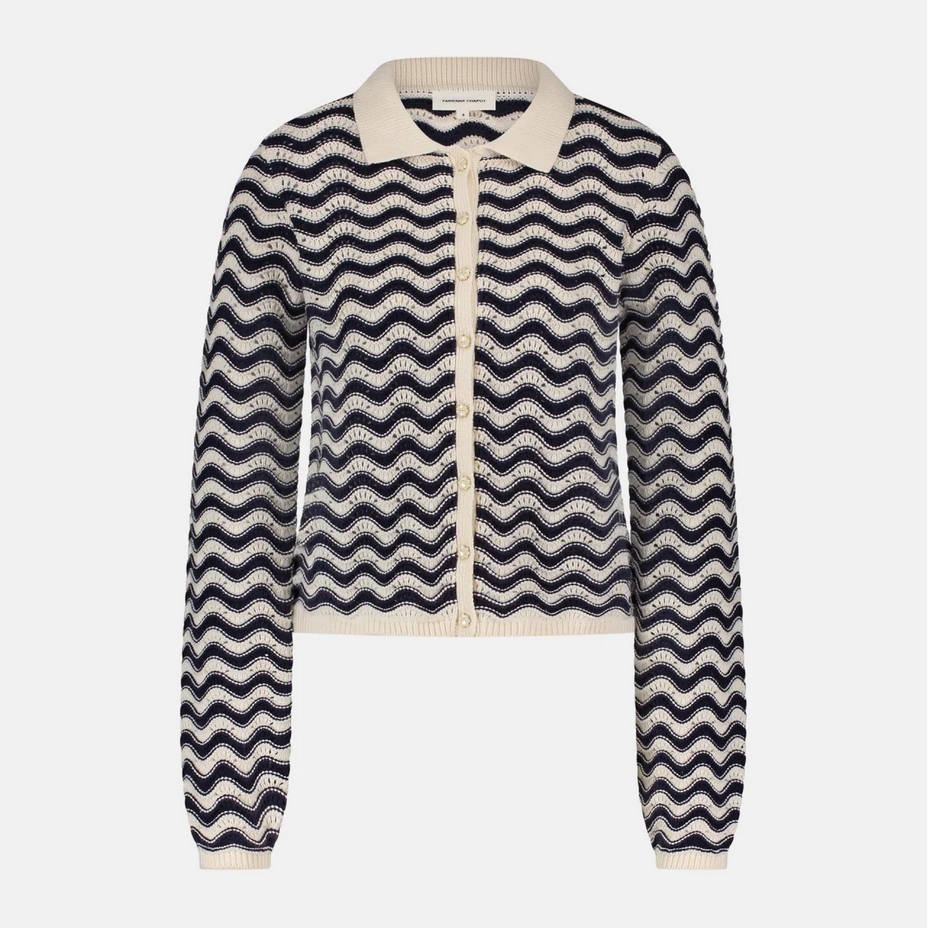 caro crochet cardigan by fabienne chapot in navy and off white stripes on a white background