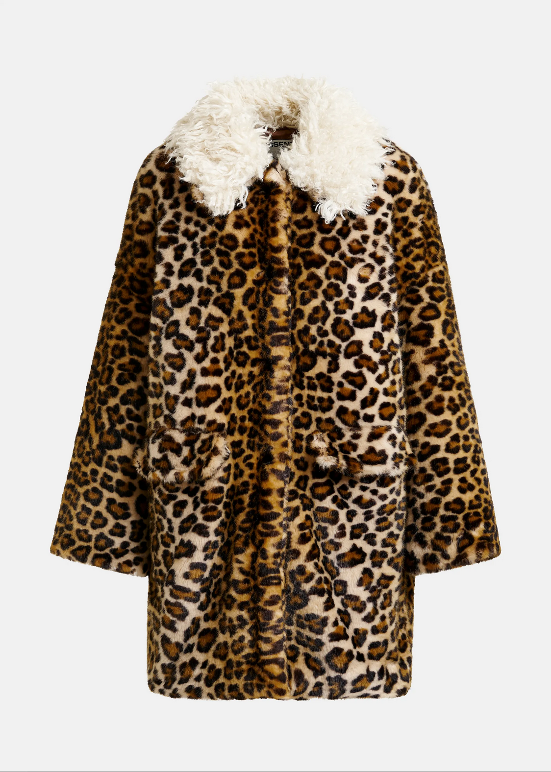  essentiel antwerp leopard print faux fur coat with cream fluffy collar against a white background