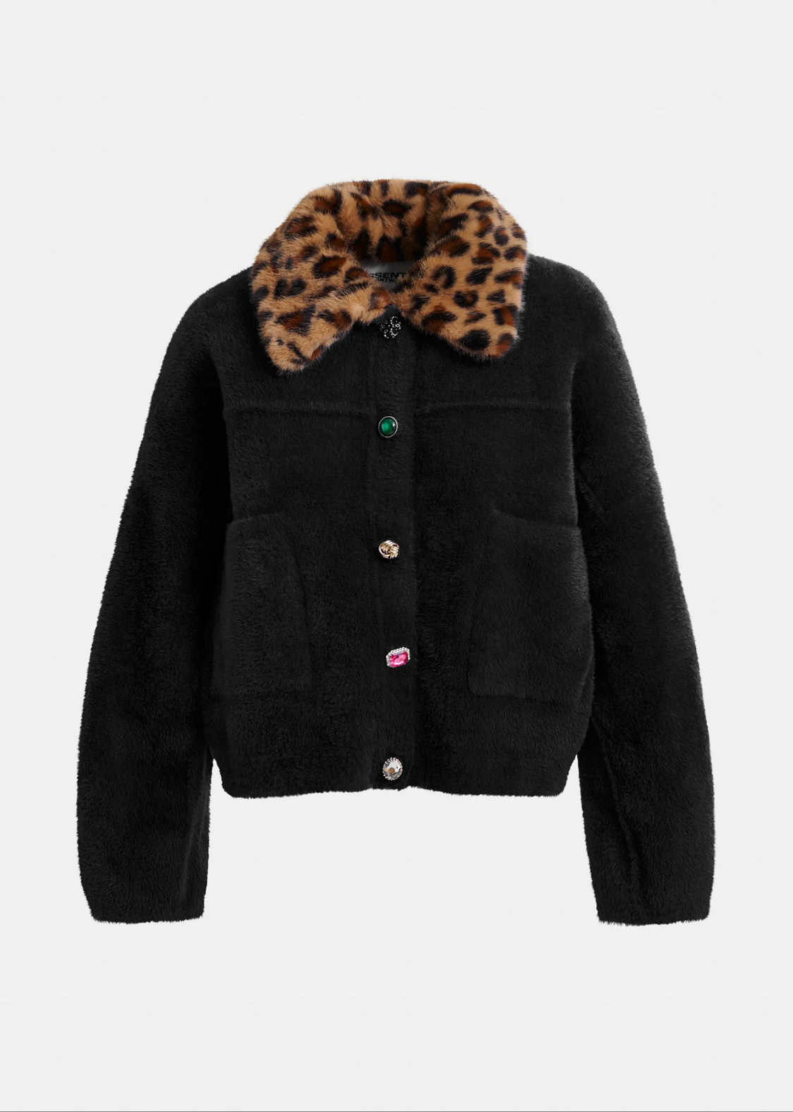 Black jacket with leopard print collar on a white background