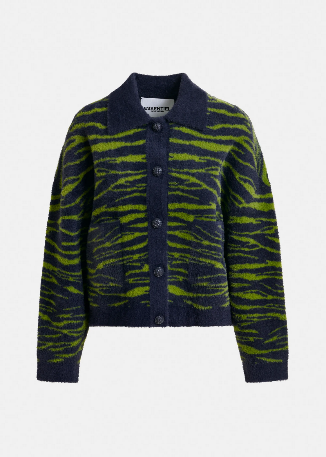 The Essentiel Antwerp Iger Cardigan features dark green and blue stripes, a button-up front, long sleeves, two front pockets, and a collar.