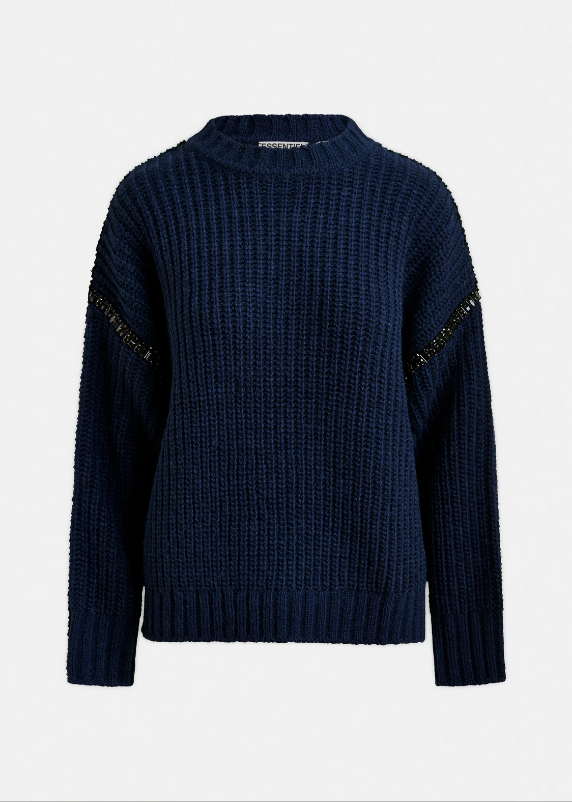 The Indsay Wool Turtleneck by Essentiel Antwerp is a navy blue ribbed knit sweater with long sleeves and subtle horizontal details on the upper arms, shown against a plain white background.