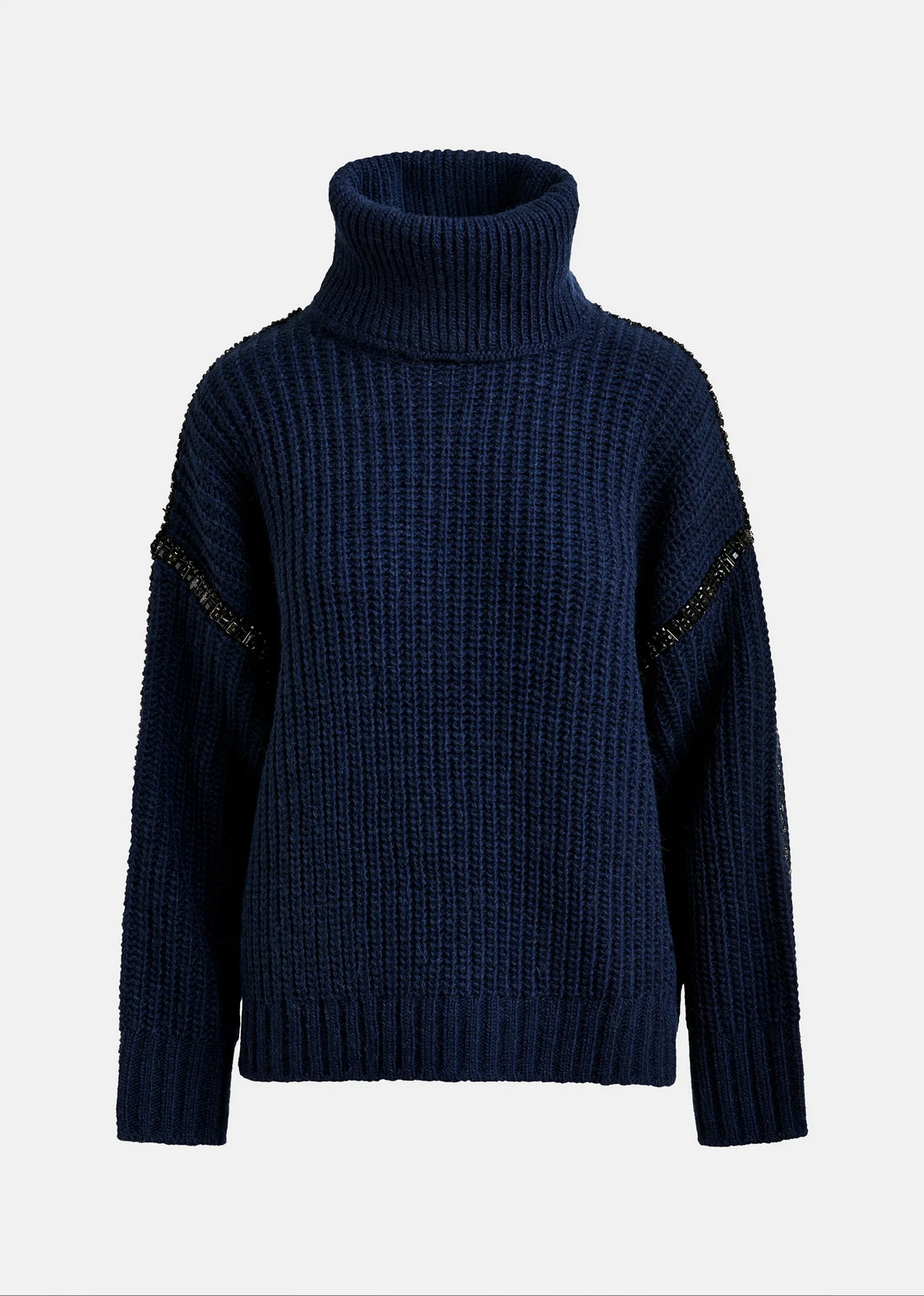 The Indsay Wool Turtleneck by Essentiel Antwerp features a ribbed navy wool-blend, dropped shoulders, and long sleeves, shown against a plain white background.