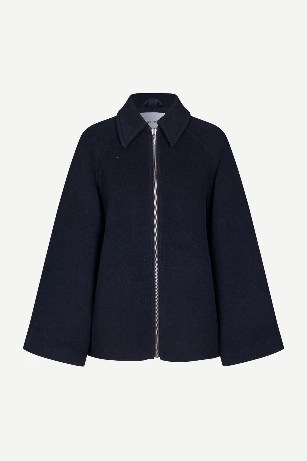 The Alma Jacket - Salute by Samsøe Samsøe is a black zip-up winter jacket with a classic collar and wide long sleeves, made in Italy and shown on a plain white background.