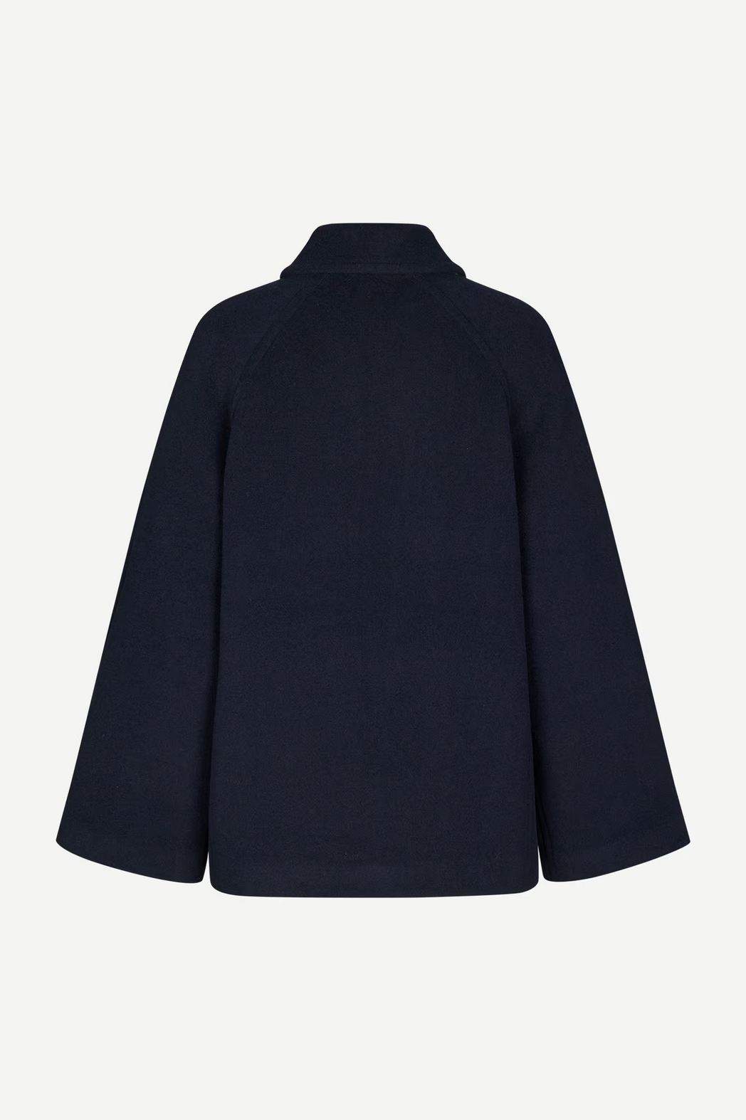 Back view of the Samsøe Samsøe Alma Jacket - Salute, a dark navy recycled wool coat with collar and wide sleeves, made in Italy, shown on a plain white background.