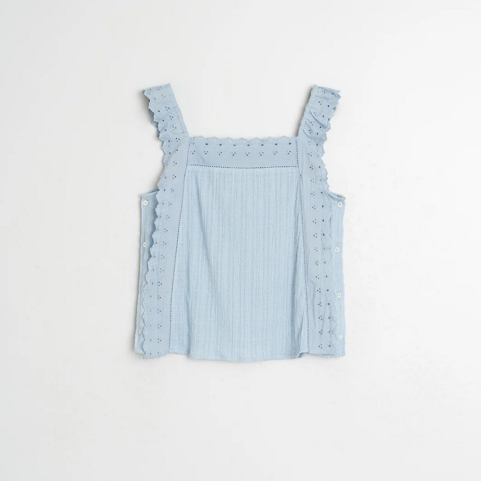 indi and cold Light blue cotton sleeveless top with ruffled straps on a white background