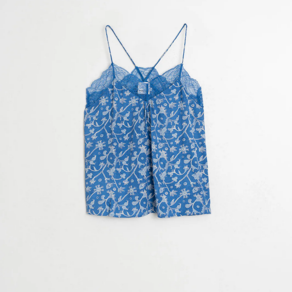 indi and cold Blue floral patterned top on a white background