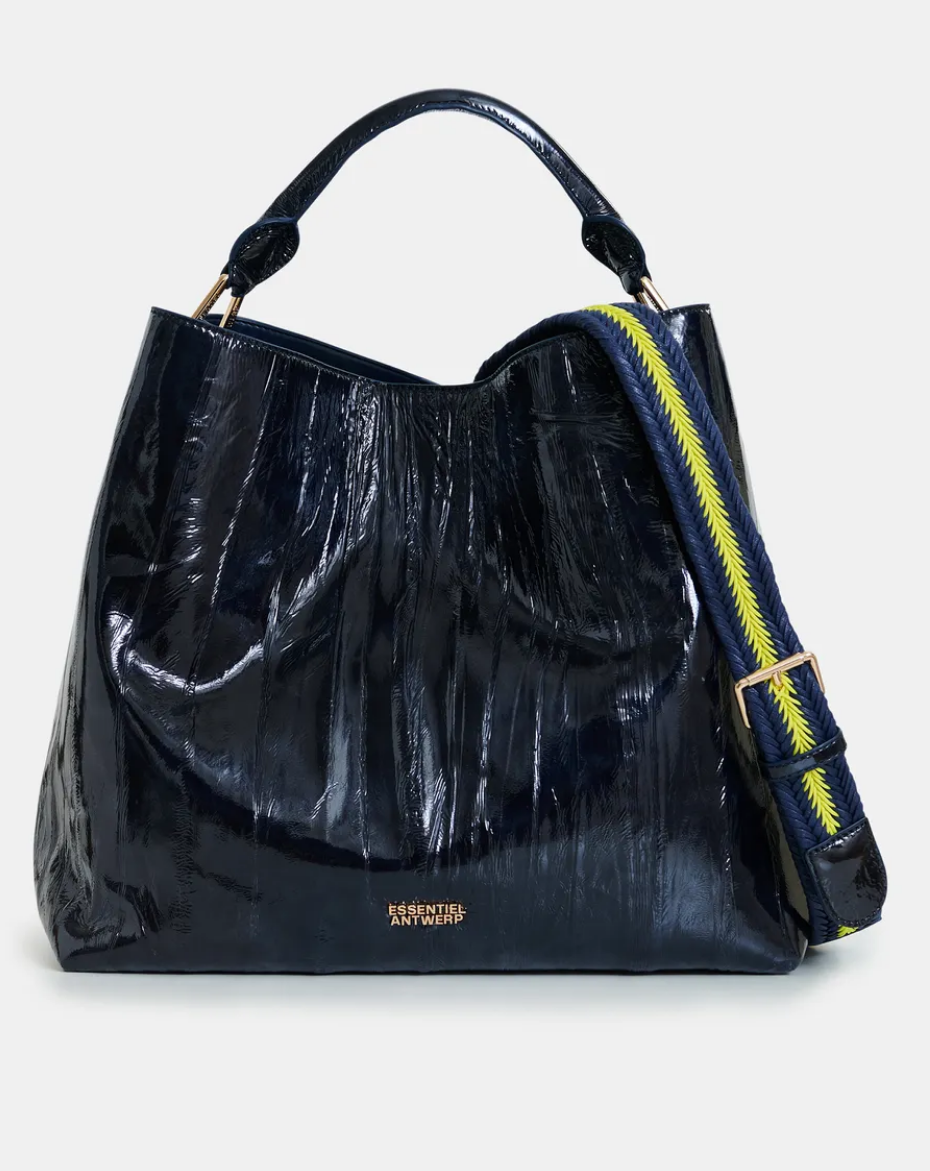 Essentiel Antwerp navy patent faux-leather JISTALO shopper handbag with a yellow strap on a white background