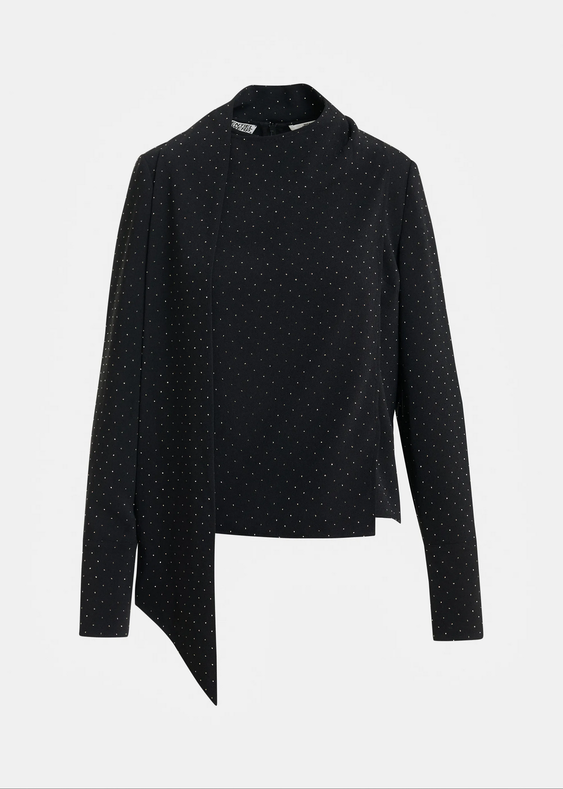 Essentiel Antwerp’s Kalanchoe Top with Scarf features a black long-sleeve design with small white polka dots and an asymmetric front panel, presented against a plain white background.