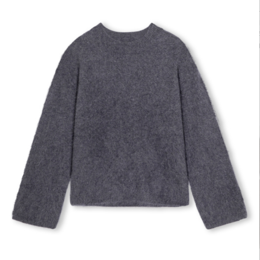 A dark gray fuzzy long-sleeve knit sweater with a crew neck, displayed flat against a plain white background by Rails.