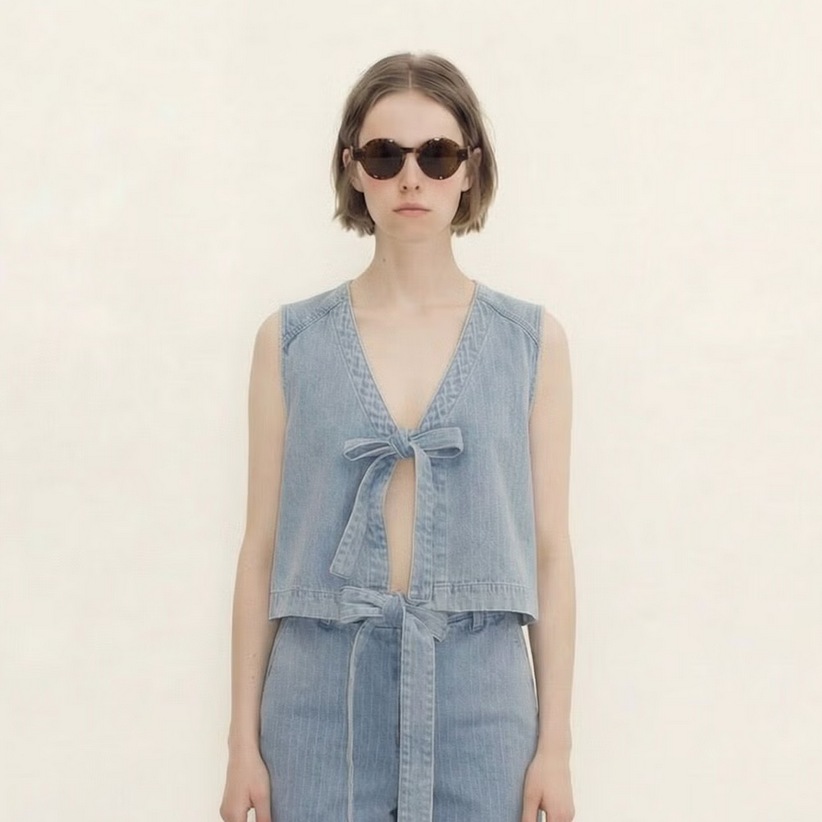 Woman wearing a light blue denim sleeveless top with a tie detail on a beige background