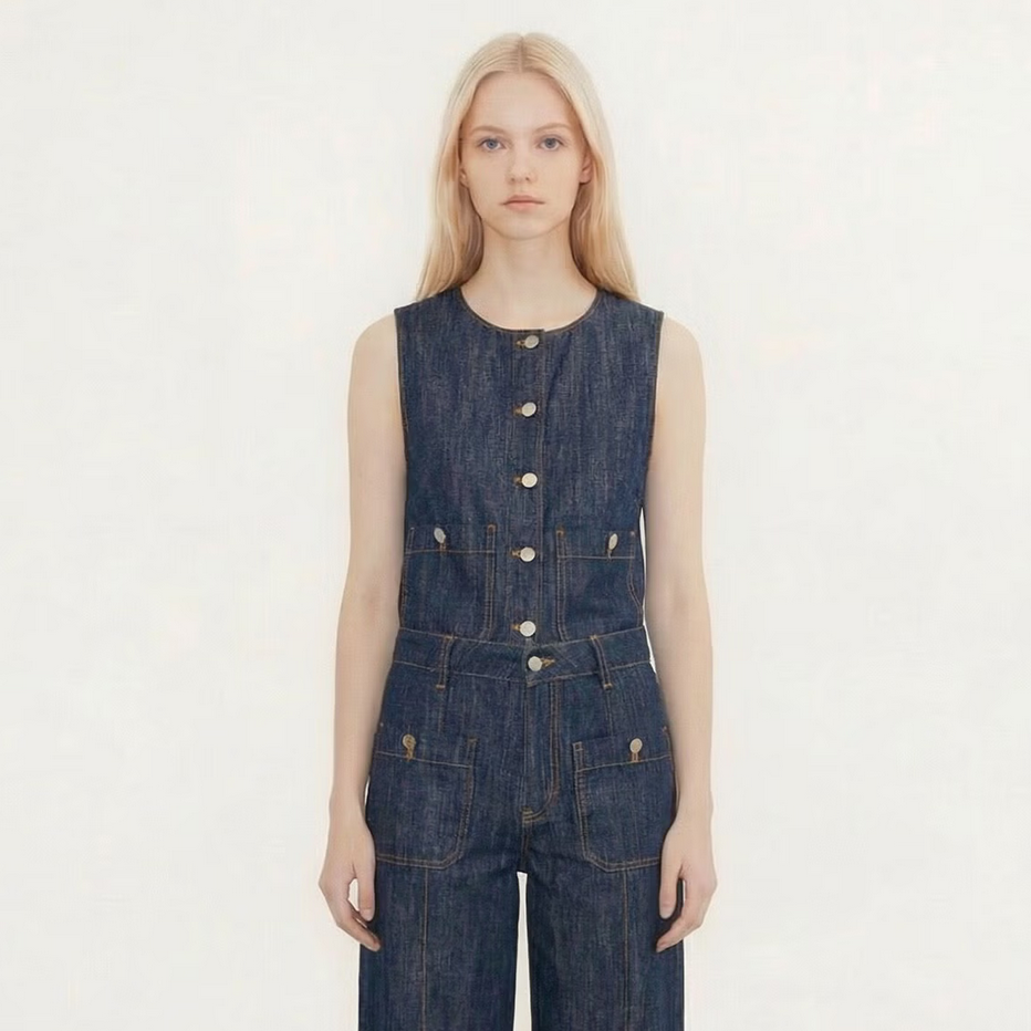 Person wearing a denim waistcoat and linen mix trousers on a plain background