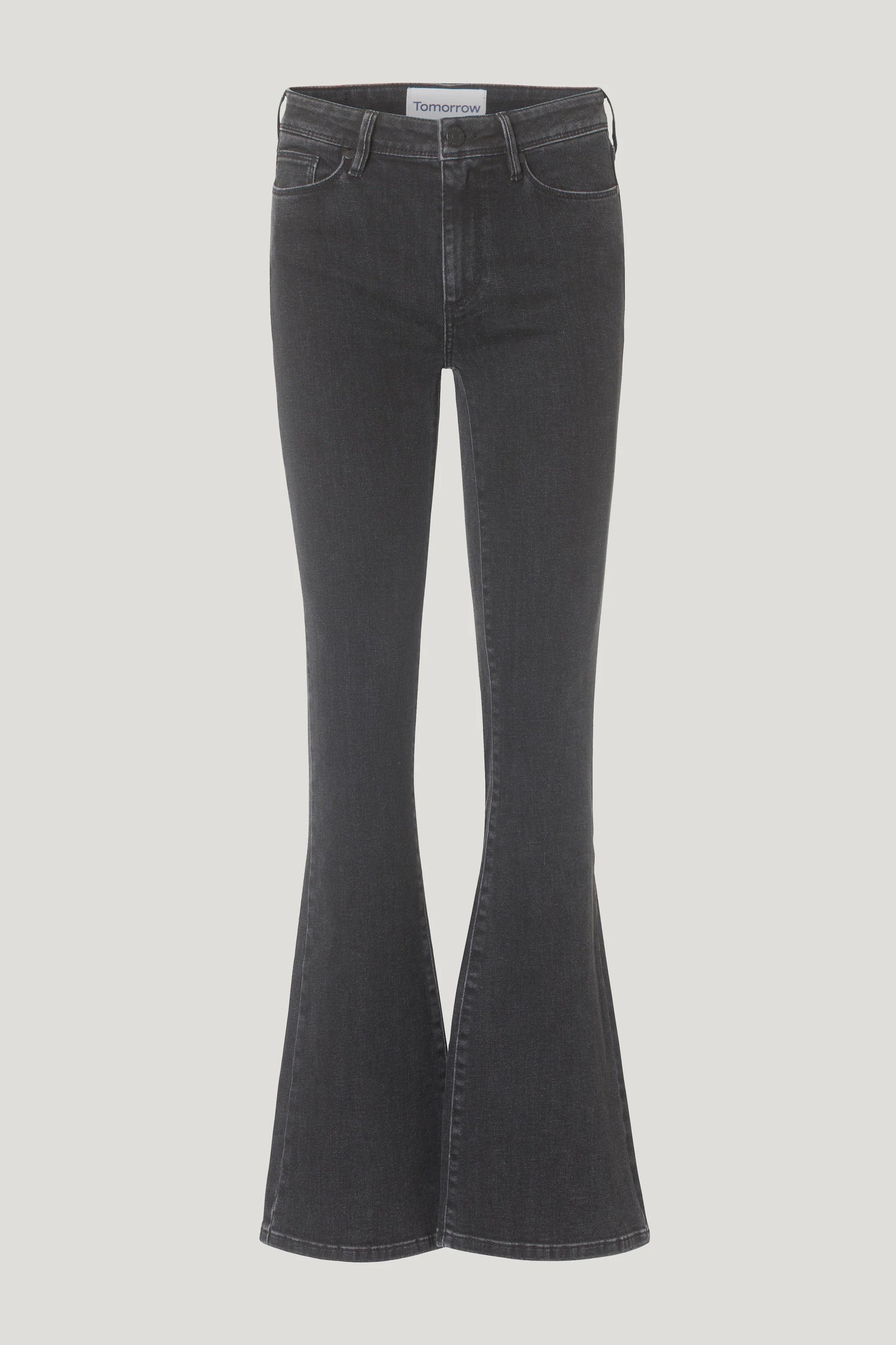 A pair of Albert Flare - Original Black high-waist jeans with a flared hem by Tomorrow Denim.