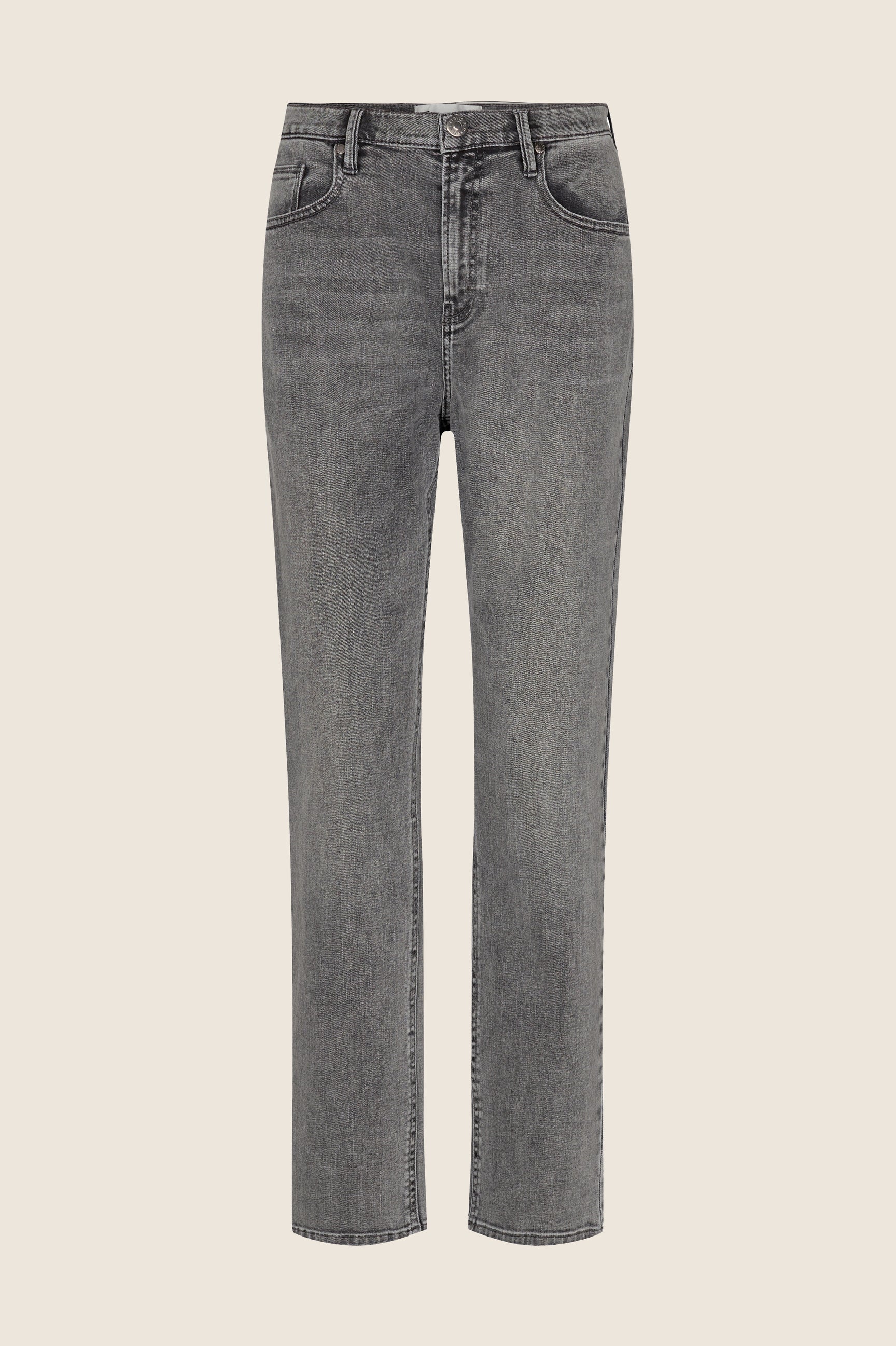 A pair of Teresa Jeans - Vintage Grey Used by Tomorrow Denim, with pockets and buttons, featuring a high waist style.