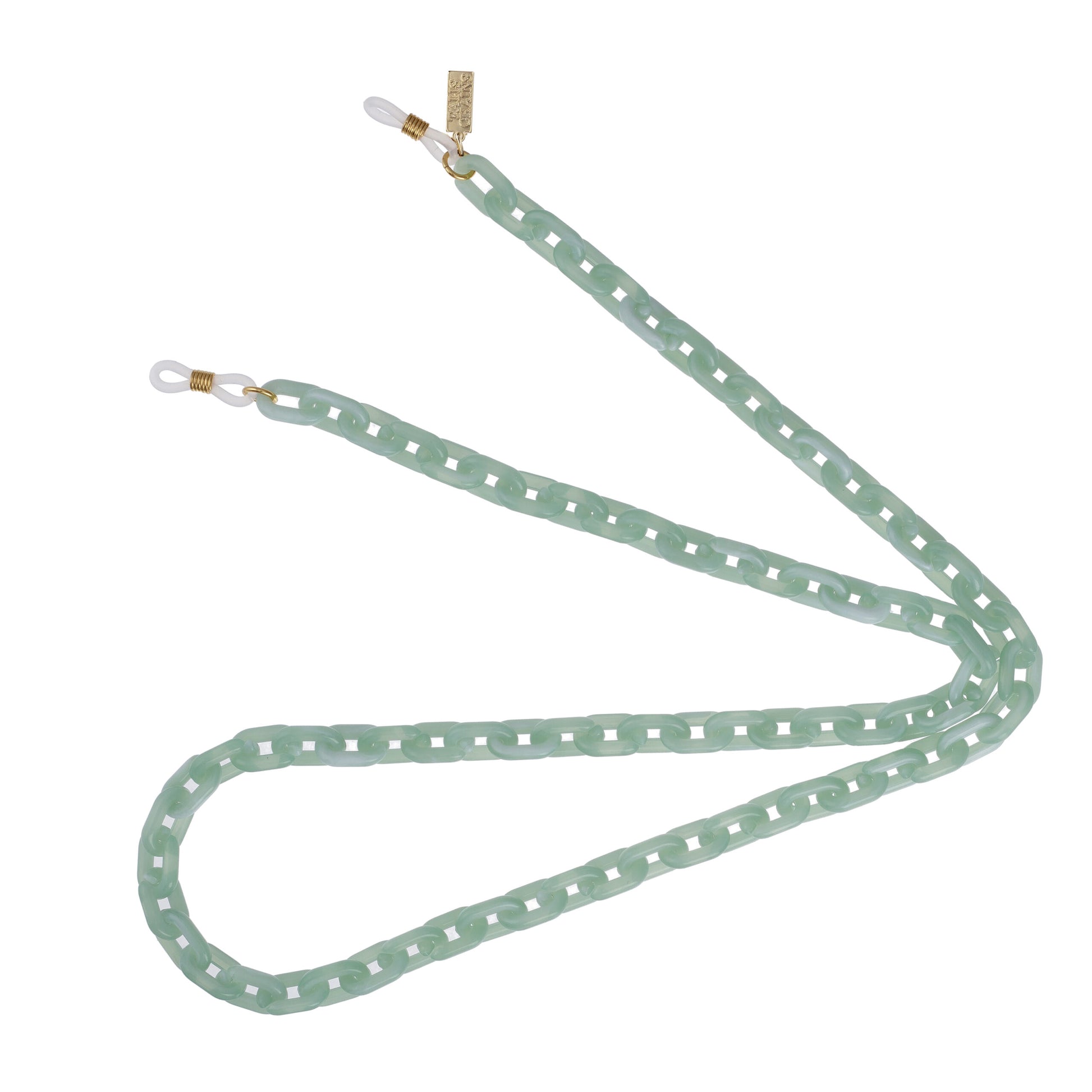 A Talis Chains Resin Light Sunglasses Chain - Mint with polka dots on it.