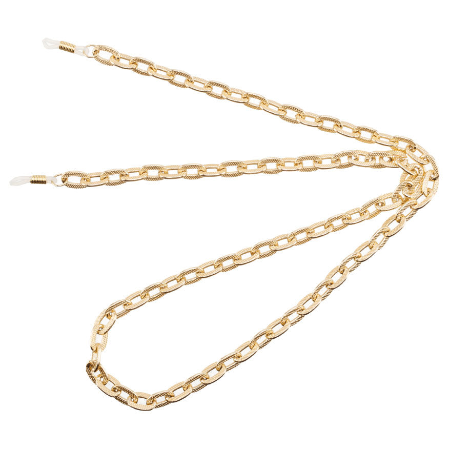 A Monte Carlo Sunglasses Chain - Gold with Talis Chains branding, featuring a lightweight feel and 18ct gold-plating, on a white background.