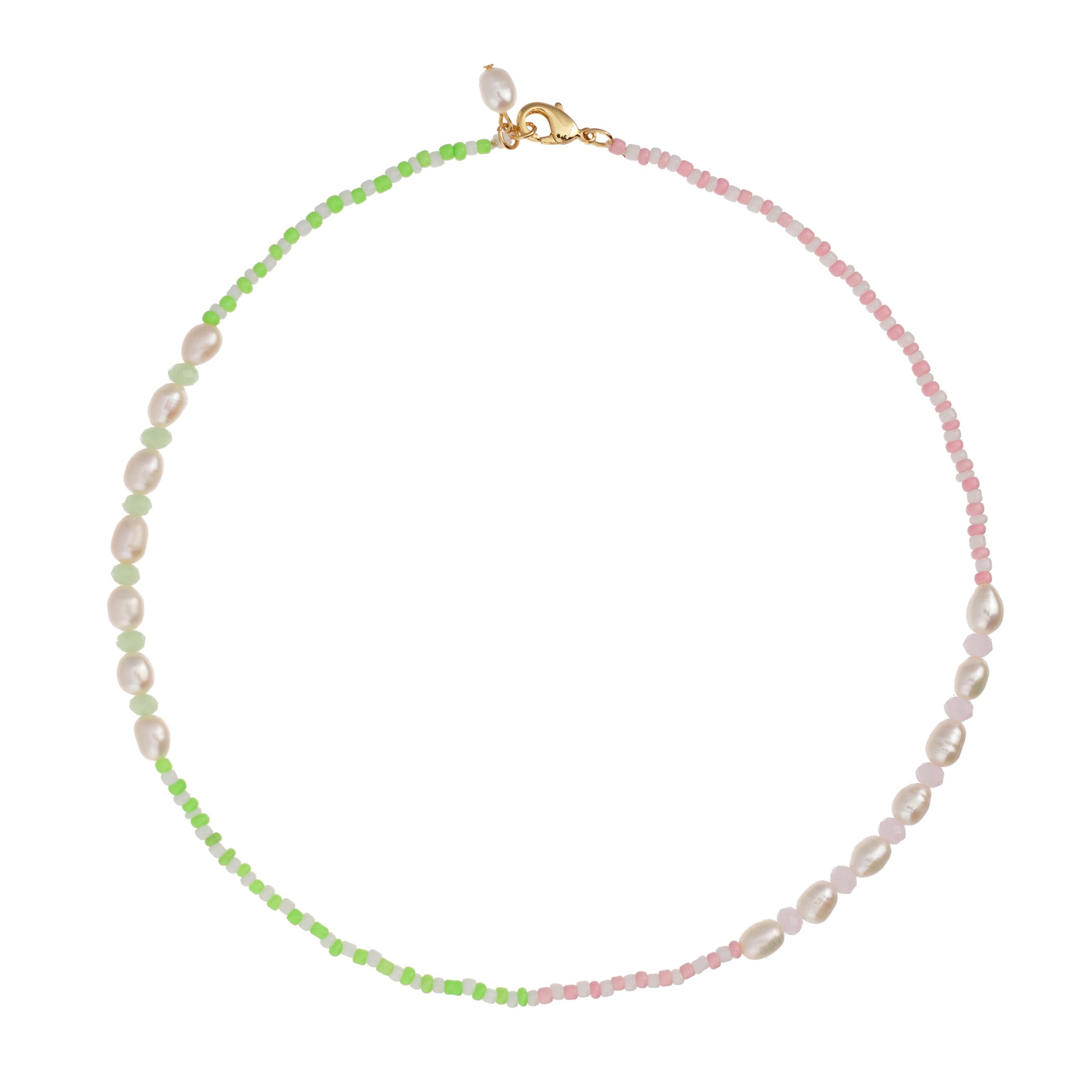 A Tulum Beaded Pearl Necklace - Neon by Talis Chains, featuring gold-plating.