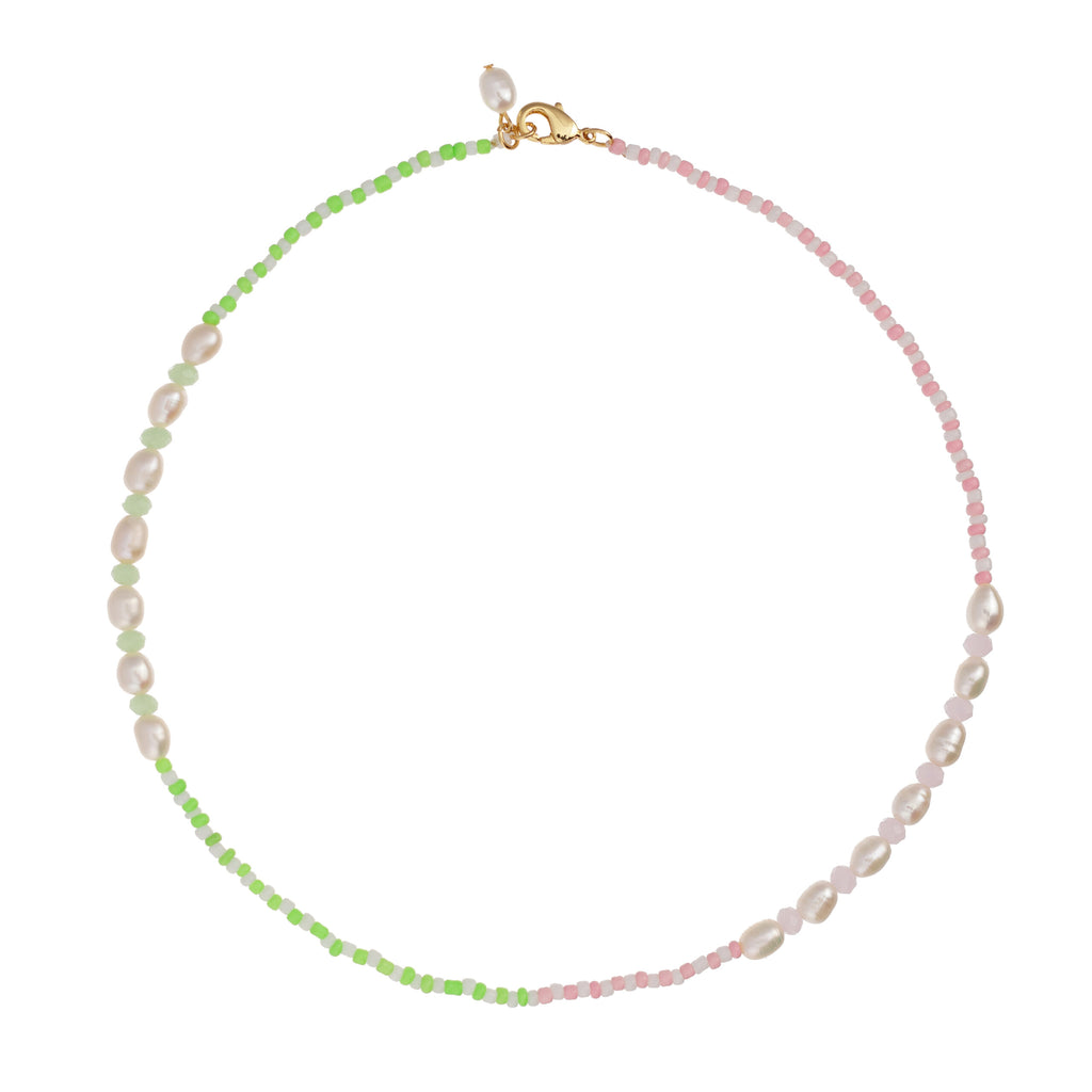 Tulum neon pink and green short necklace with pearl details 