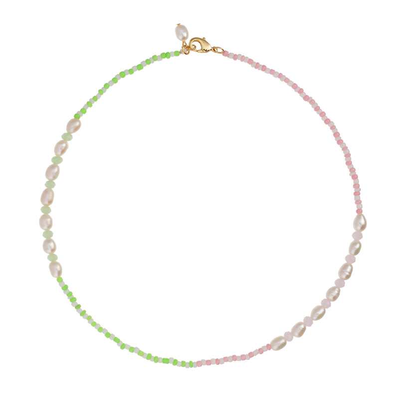 Tulum neon pink and green short necklace with pearl details 