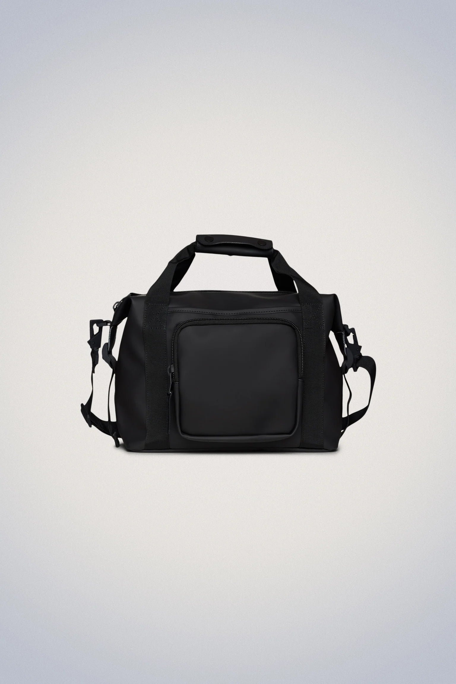 A Rains Texel Kit Bag - Black, a black duffel bag with a waterproof design on a white background.