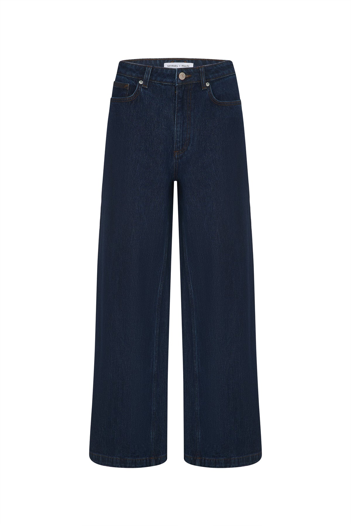 Introducing the Bay Jean in Americana by Seventy & Mochi: super high rise, dark blue jeans made from rigid denim with an extra-wide leg silhouette. Detailed with front and back pockets, belt loops, and a button-and-zip closure, these statement jeans are showcased against a white background.