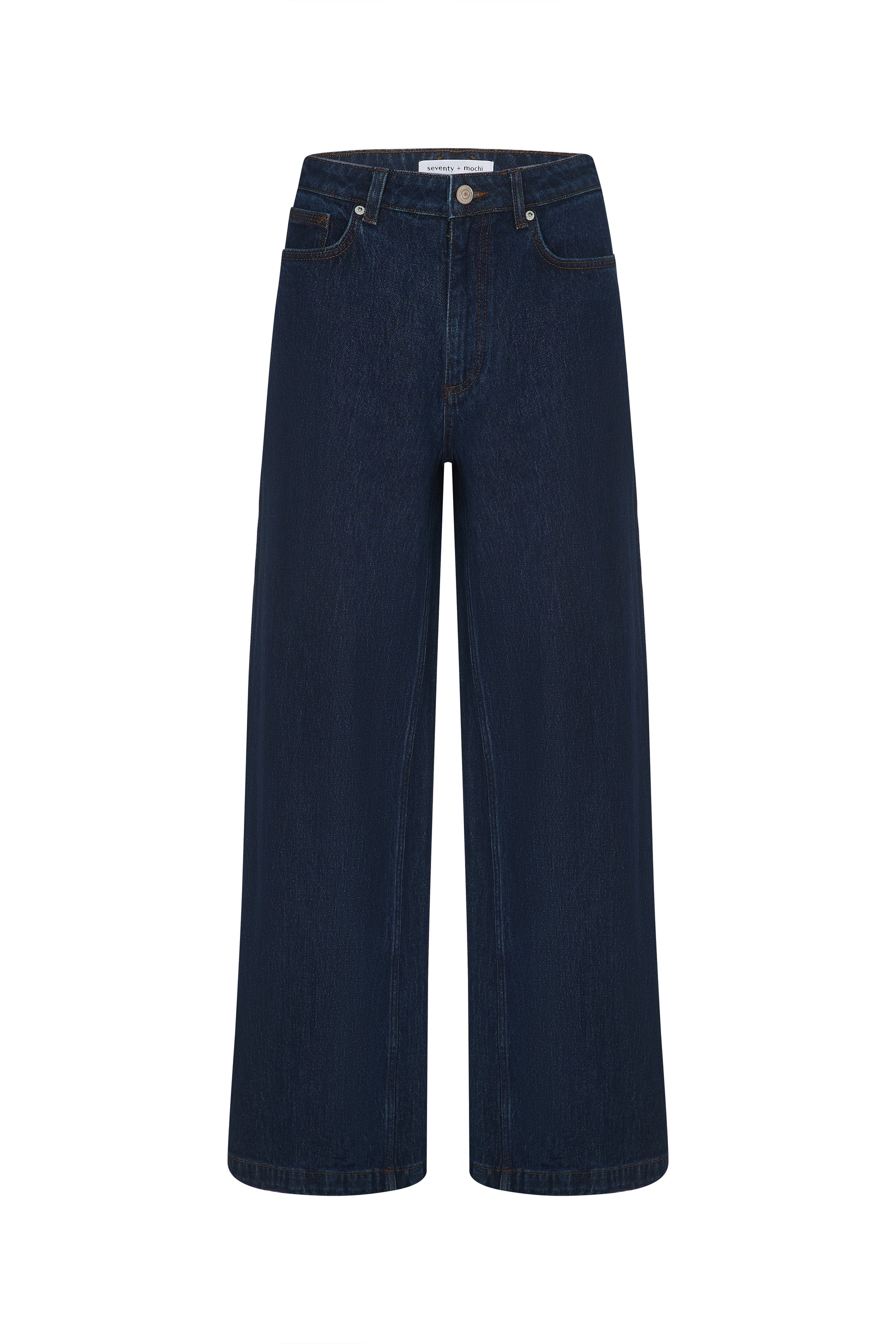 Introducing the Bay Jean in Americana by Seventy & Mochi: super high rise, dark blue jeans made from rigid denim with an extra-wide leg silhouette. Detailed with front and back pockets, belt loops, and a button-and-zip closure, these statement jeans are showcased against a white background.