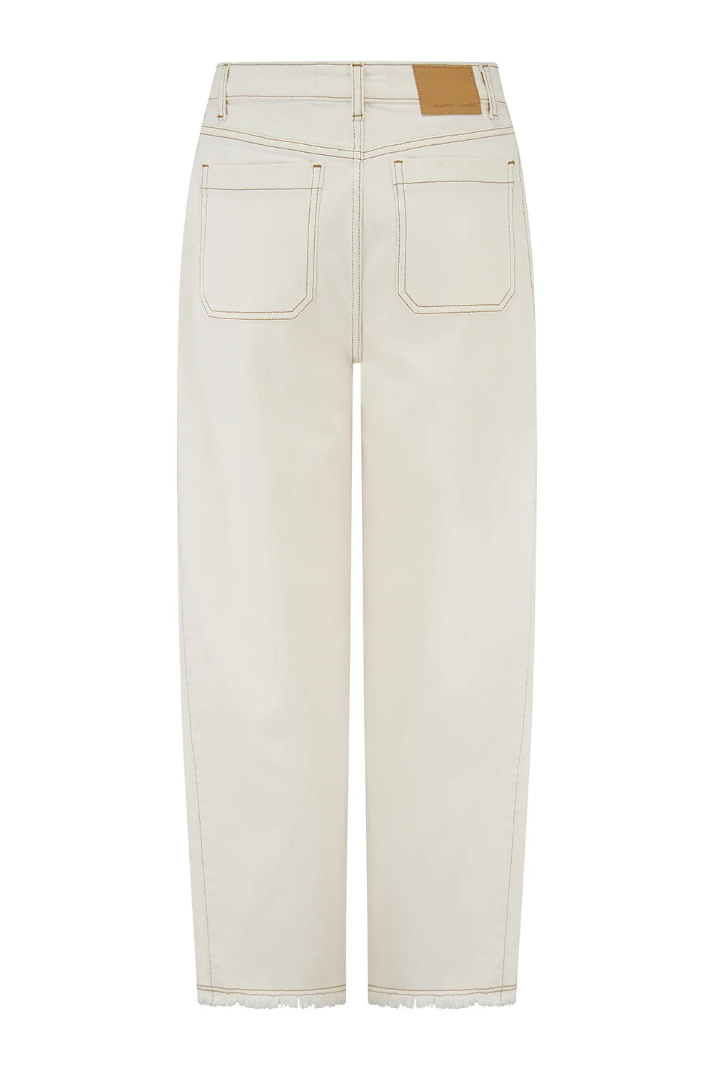 Back view of the Seventy & Mochi Bo Barrel Leg Jeans in ecru, featuring super high-rise rigid denim, tan stitching, two rear pockets, a brown patch on the waistband, a subtle barrel leg silhouette, and raw-edge hems.