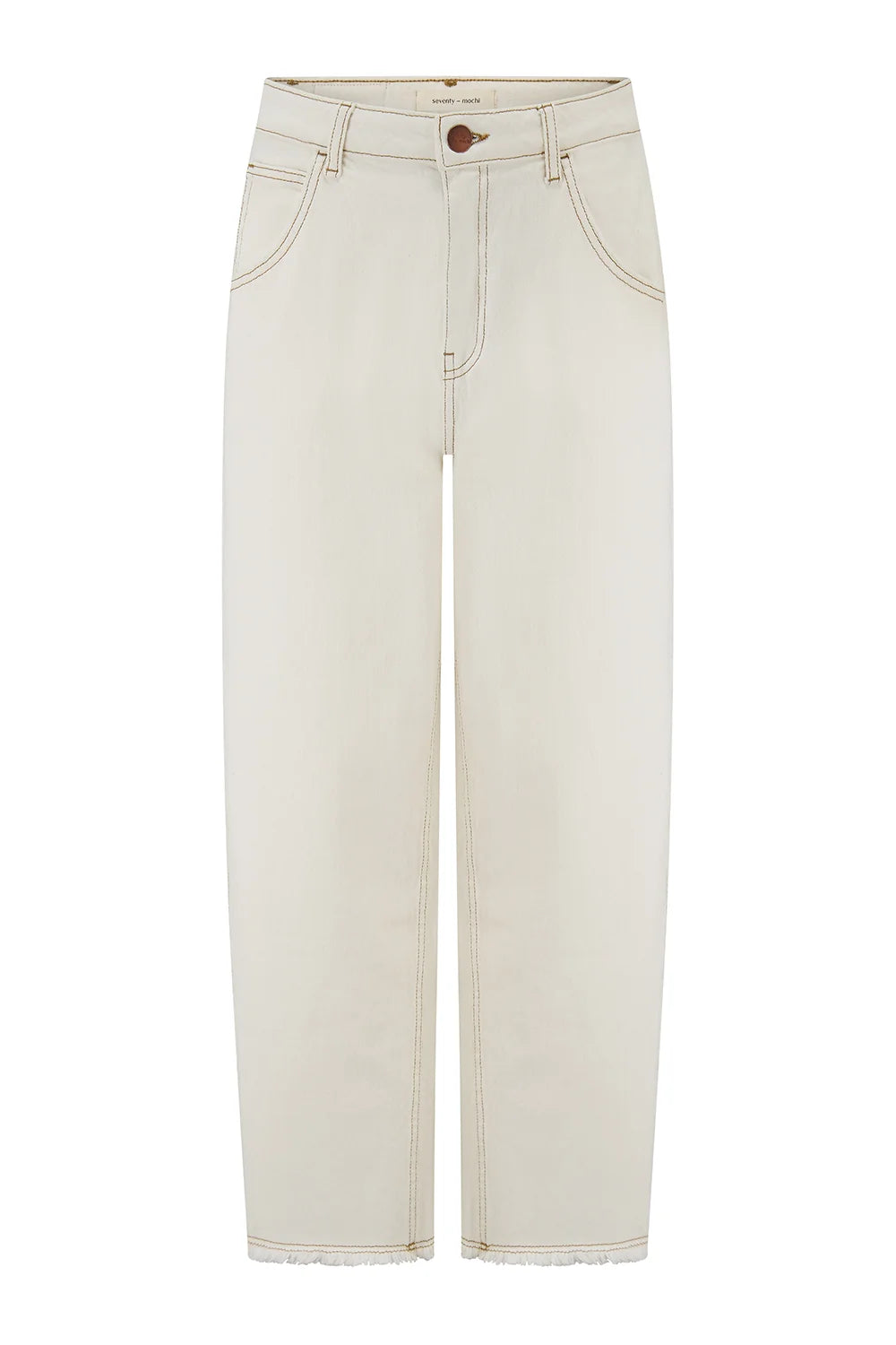 Introducing the Bo Barrel Leg Jeans - Ecru by Seventy & Mochi: These super high-rise, straight-leg jeans are crafted from ecru rigid denim and feature front and back pockets, a visible brown button, and raw hem detailing.