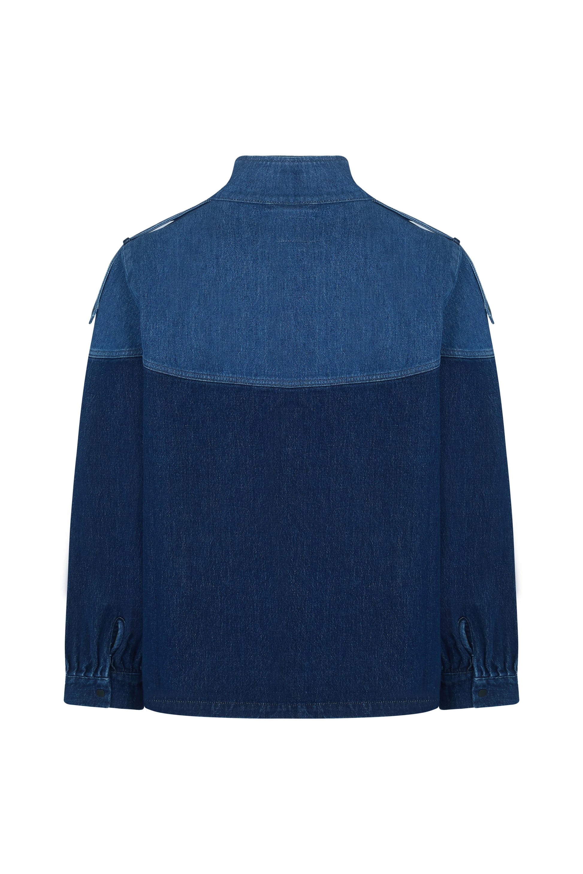 Back view of the Seventy & Mochi Bowie Jacket - Americana, a relaxed fit piece crafted in two-tone denim with a light blue yoke and collar contrasted by darker blue sleeves and lower section, finished with elastic cuffs.