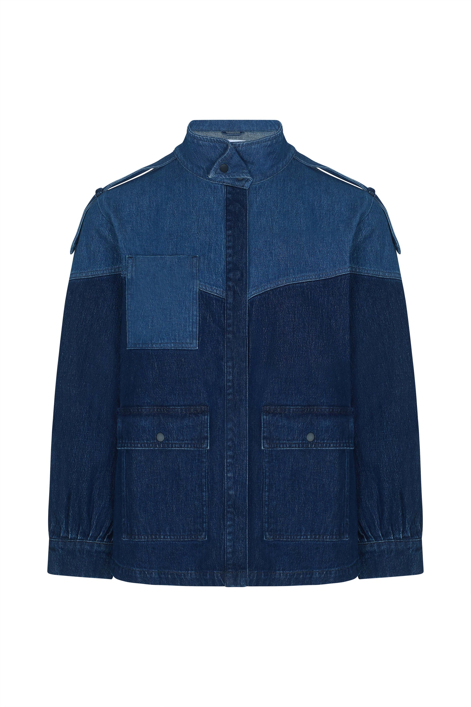 Front view of the Bowie Jacket - Americana by Seventy & Mochi in blue organic cotton, featuring a high collar, chest patch pocket, two flap waist pockets, shoulder epaulets, and elastic cuffs. This utility jacket blends classic details with effortless style and practical functionality.