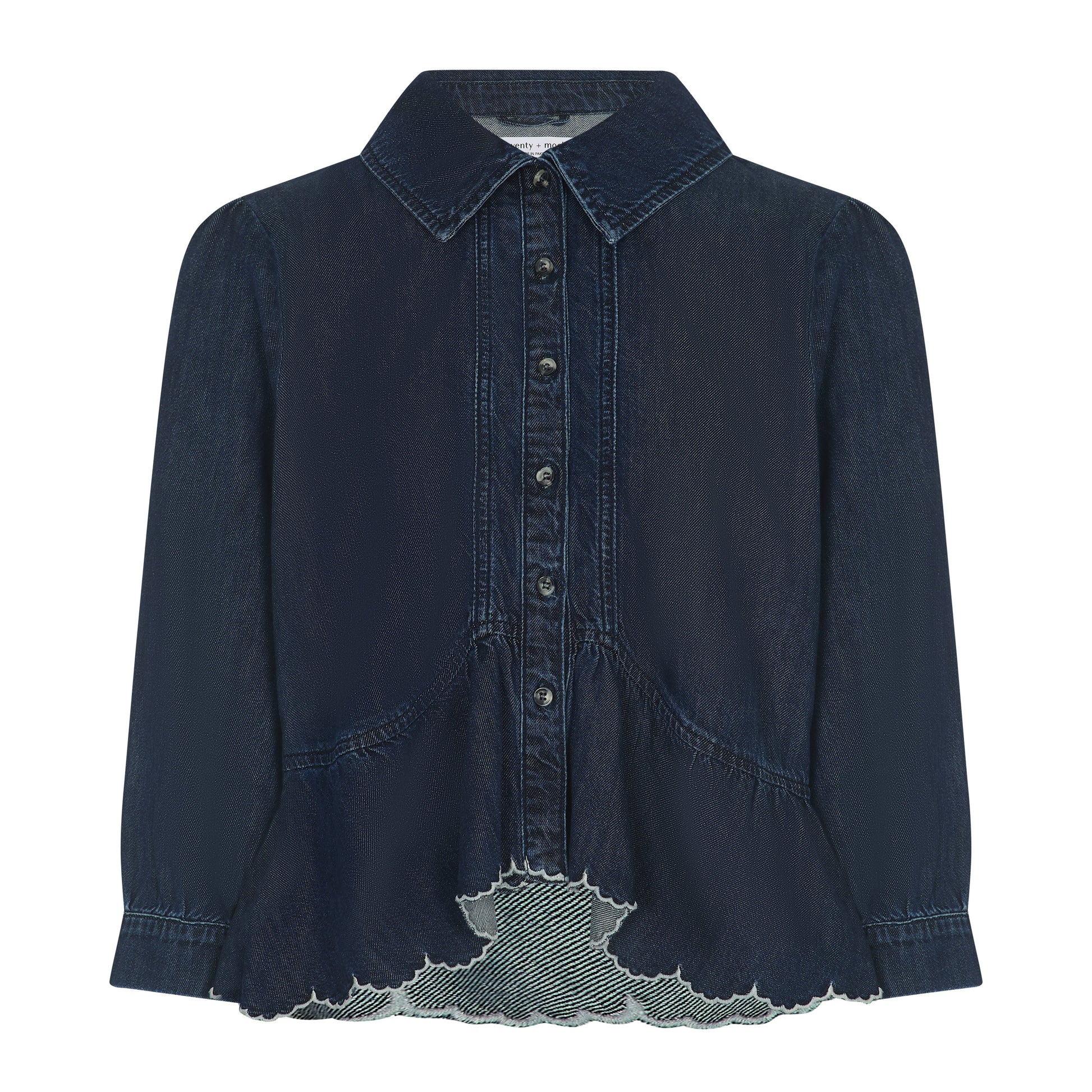 A dark navy blue denim shirt jacket with a pointed collar, button-up front, and a distinctive embroidered hem detail showing a lighter gray lining.